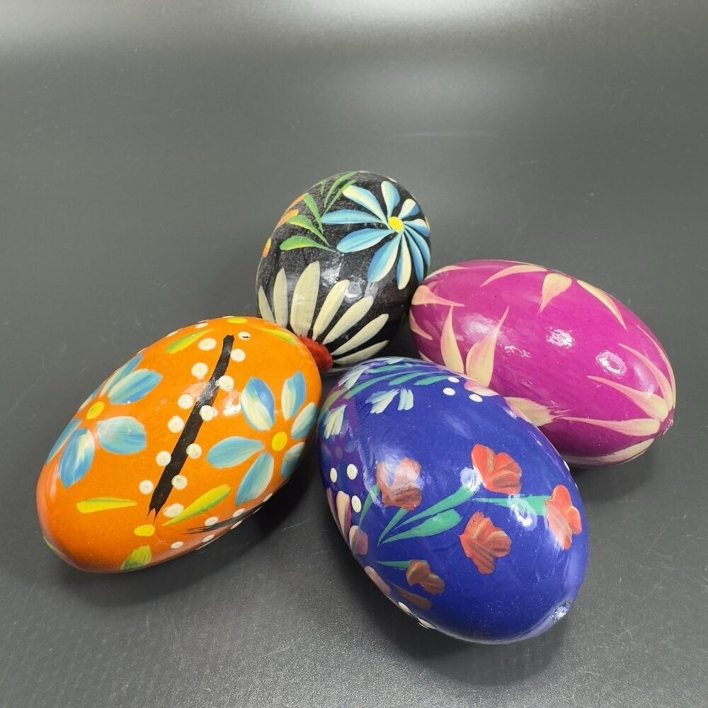 Hand Made Folk Art Wooden Egg Set 4 Multicolored Hand Painted Eggs Vintage Decor